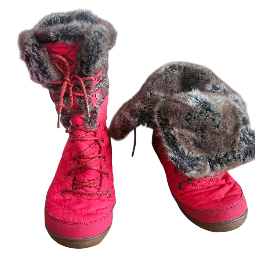 💦Columbia Red Quilted Waterproof💦 Winter Boots | Omni Grip & Faux Fur | Sz: 12 - Picture 4 of 14